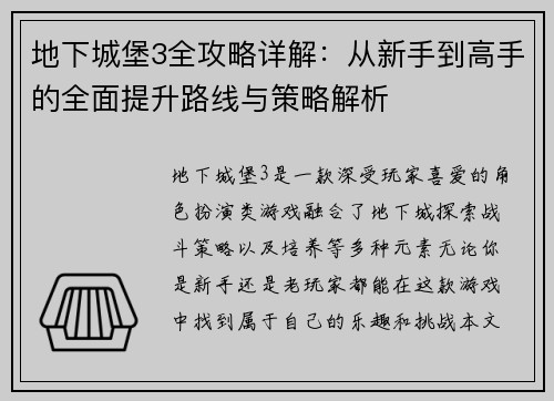 地下城堡3全攻略详解：从新手到高手的全面提升路线与策略解析